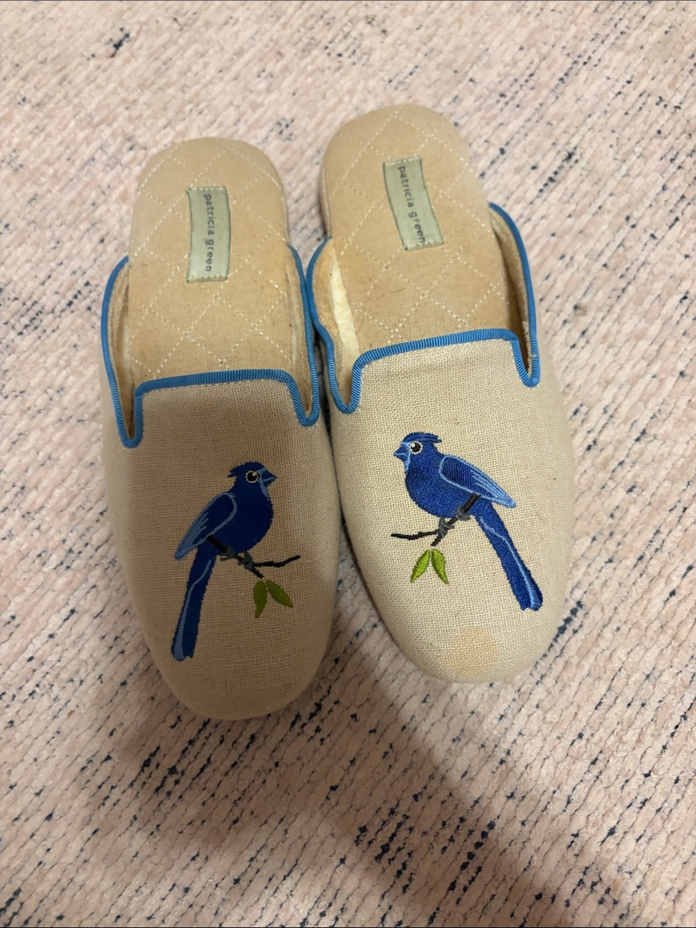 Patricia Green Beige Slippers with Blue Bird Embroidery